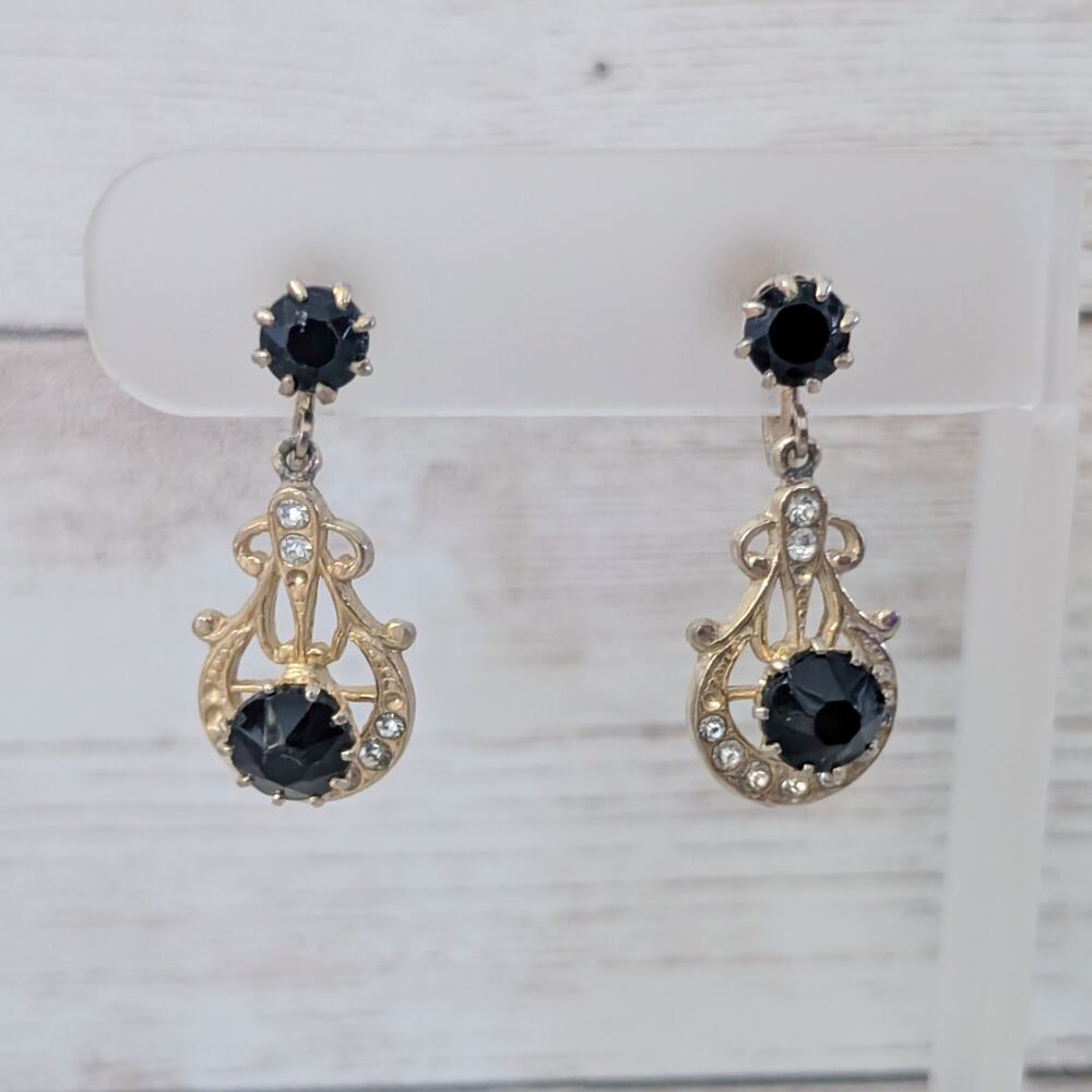 Vintage Screw On Earrings Elegant Black, Clear Gem & Gold Tone Dangle
